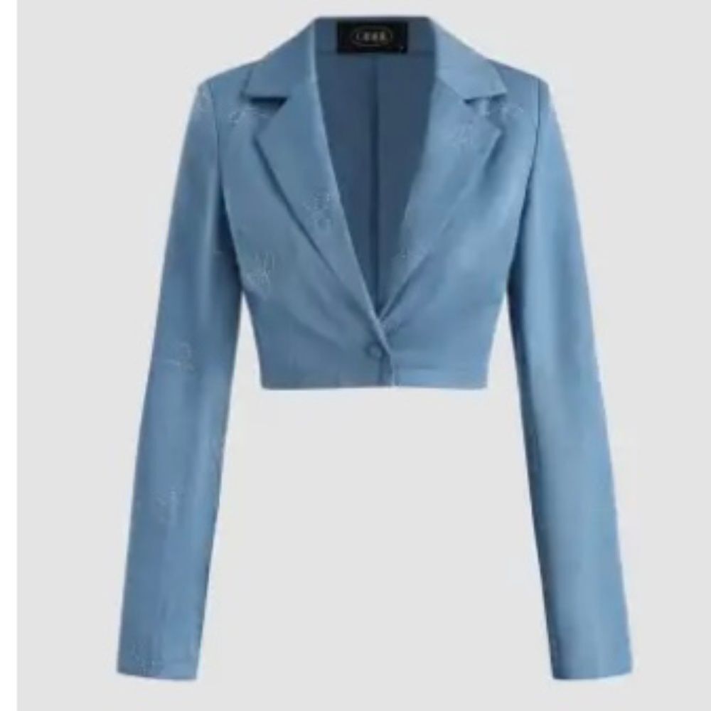 NWT CIDER Crop Light Blue Crystal Bows Single Breast Lapel S